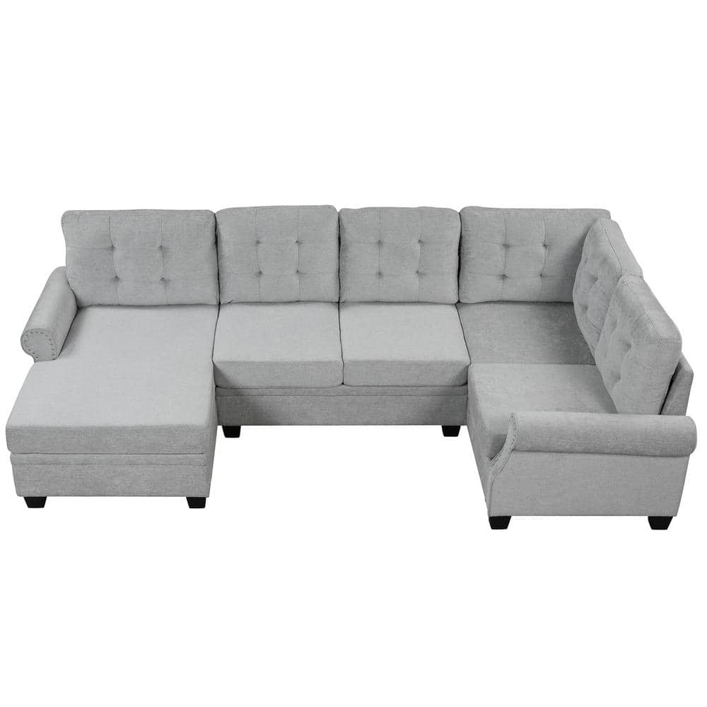 Harper & Bright Designs 120 in. W Nailhead Trim Rolled Arm U-Shaped Linen Fabric Modern Sectional Sofa in. Gray -  CJ049AAE