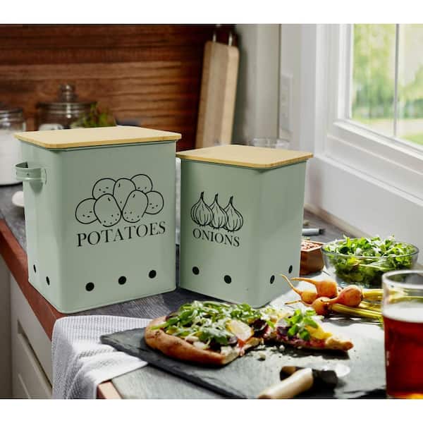 Vintage Green Kitchen Vegetable Storage Canisters, 2-Piece Set, Alloy Steel with Wood, Large Capacity Keep Produce Fresh