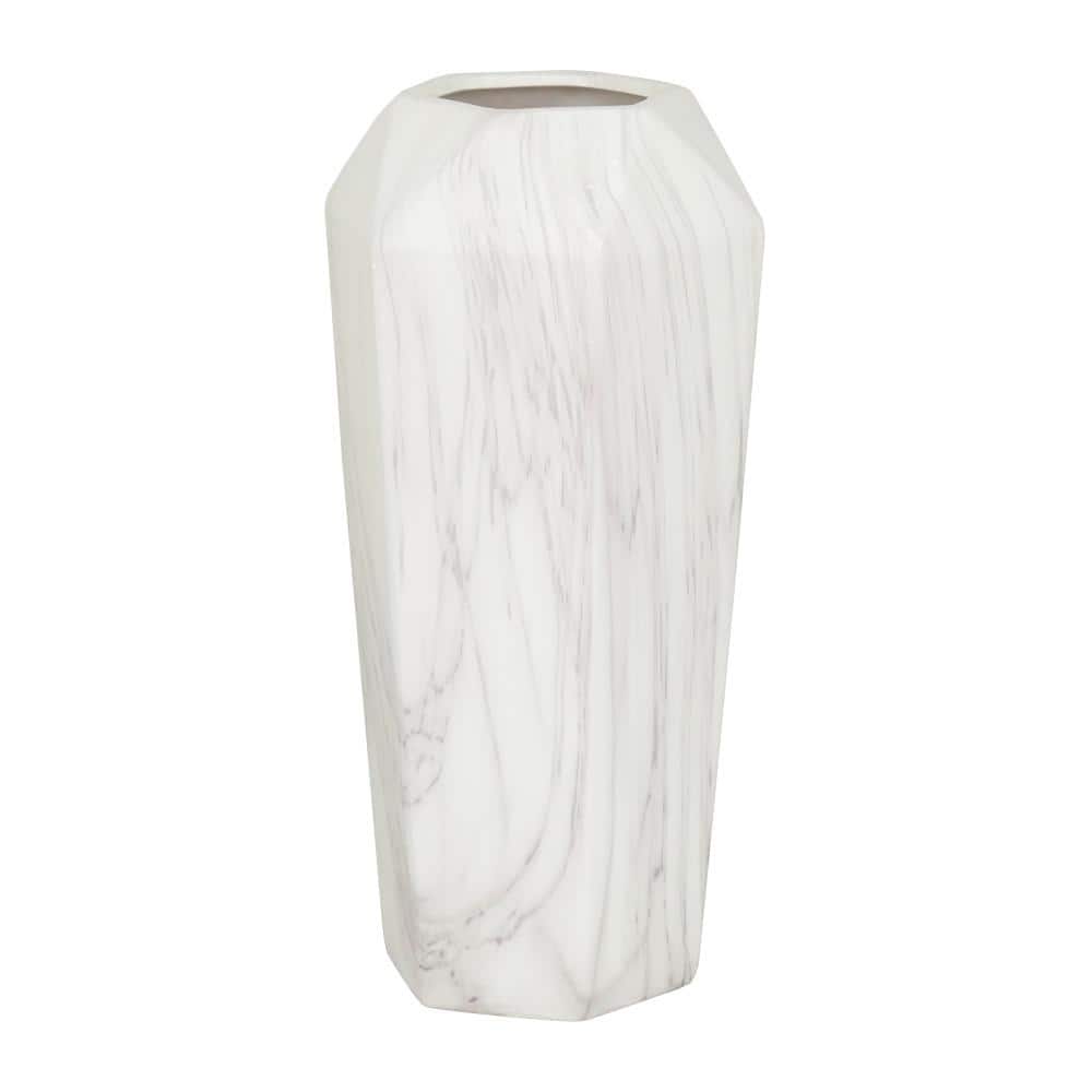 14" White and Gray Faux Marble Ceramic Decorative Vase