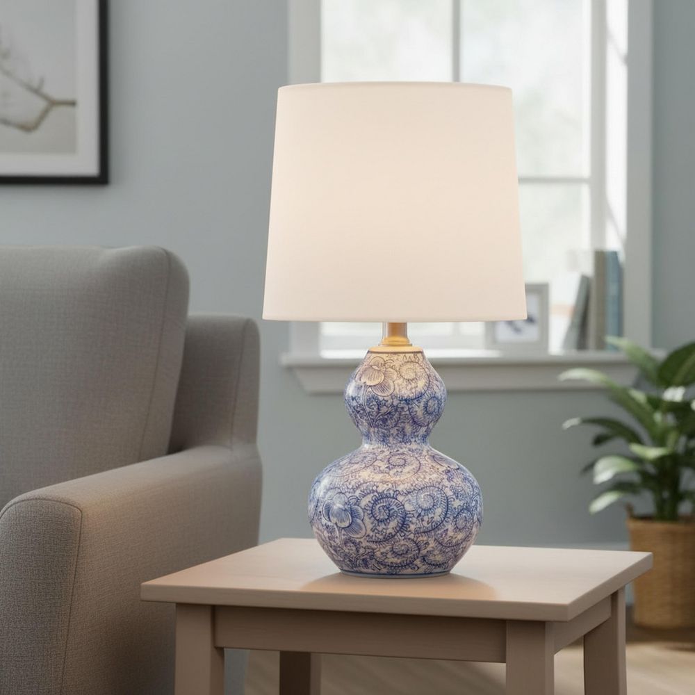 15 .75 in. Blue Floral Ceramic Table Lamp with White Fabric Shade