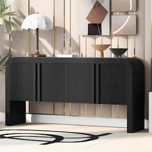 Black Wood 63 in. Striped Sideboard with 4-Doors and Adjustable Shelves