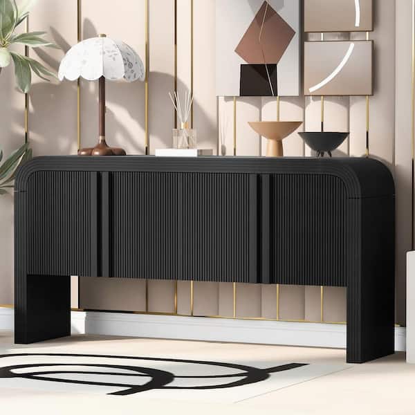 Black Wood 63 in. Striped Sideboard with 4-Doors and Adjustable Shelves