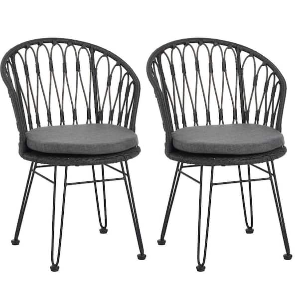 Gray PE Wicker Boho-Industrial Outdoor Dining Chairs with Gray