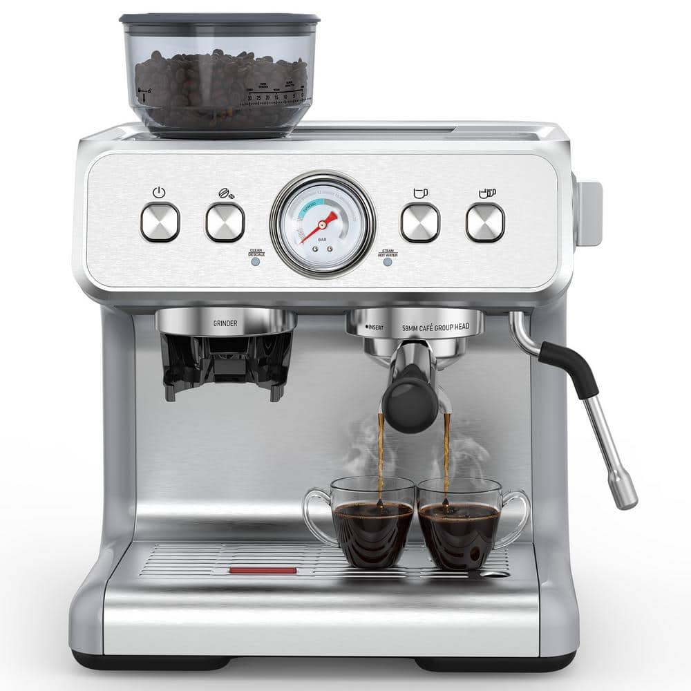 COWSAR 2- Cup Silver/Brushed Stainless Steel All in One 15 Bar Espresso Machine with Grinder and Powerful Steam Wand KFJ8050H - The Home Depot