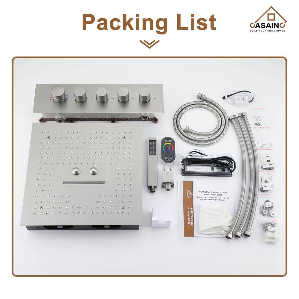 Brushed Nickel Dual Head LED Ceiling Mounted Rain Shower System