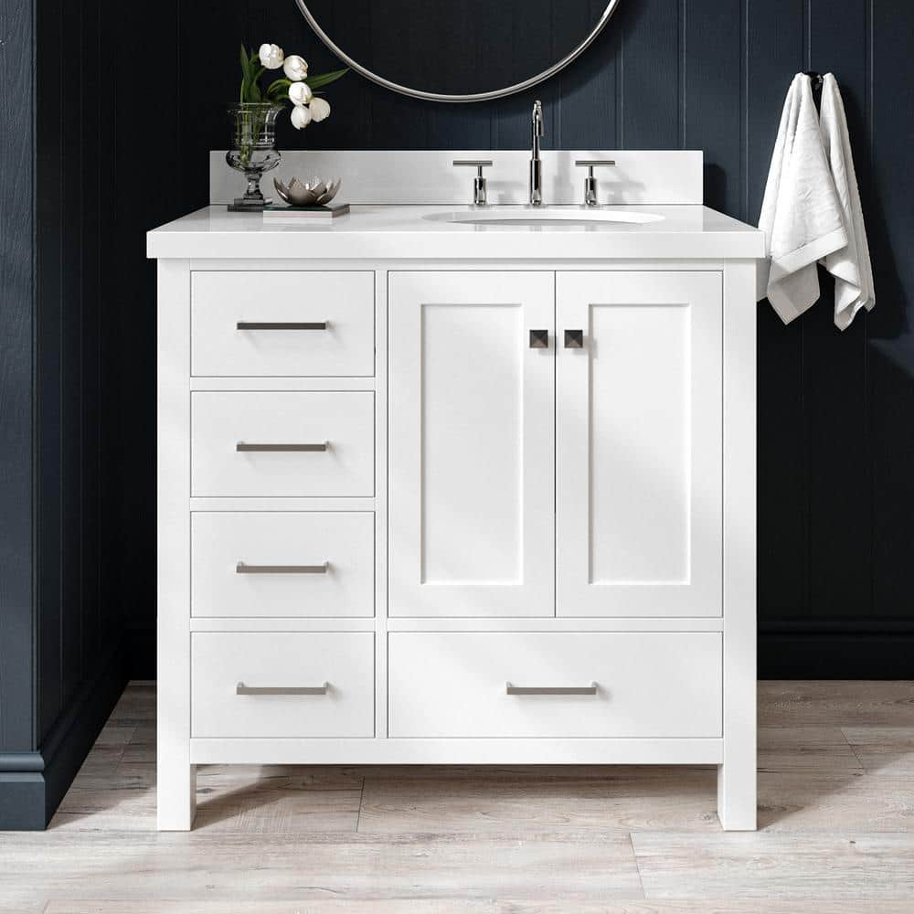 Cambridge 37 in. W x 22 in. D x 36 in. H Vanity in White with Pure White Quartz Top -  ARIEL, A037SRWQOVOWHT