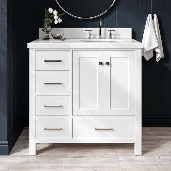 ARIEL Cambridge 37 in. W x 22 in. D x 36 in. H Vanity in White with Pure White Quartz Top