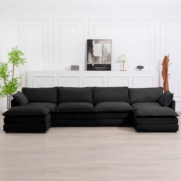 147 in. W 6-Piece Modern Corduroy Fabric Sectional Sofa with Ottoman in Black