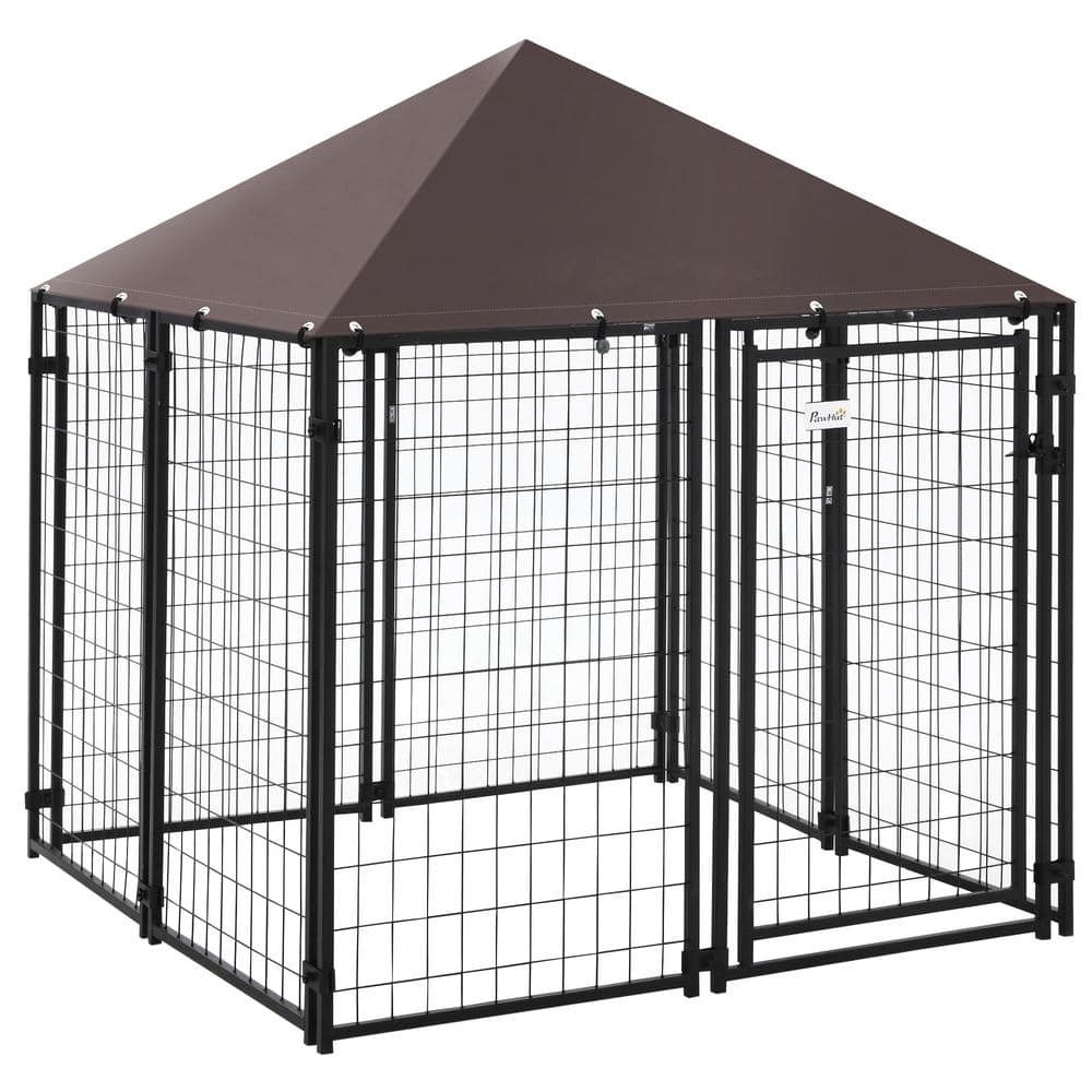 PawHut Black Metal Lockable Dog House Kennel with Water-Resistant