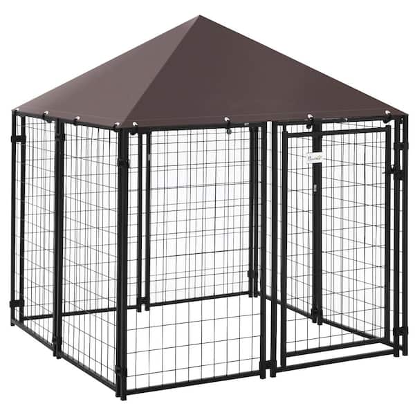 PawHut Black Metal Lockable Dog House Kennel with Water-Resistant Roof