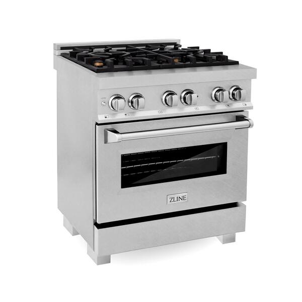 30 in. Legacy Dual Fuel Range with Gas Cooktop and Electric Oven in Satin Stainless Steel with 4 Brass Burners