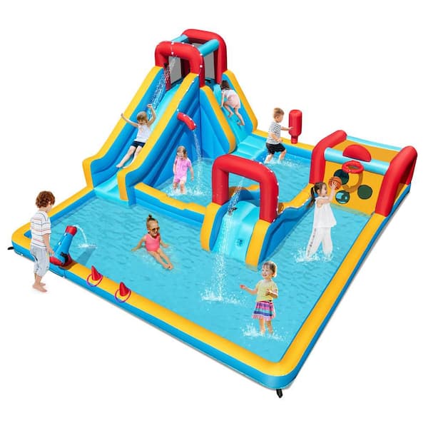 Inflatable Water Park with Climbing Wall Boxing Post Basketball Rim Blower Excluded