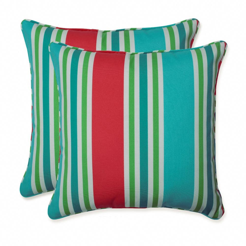 Turquoise and Coral Striped Square Outdoor Throw Pillows, Set of 2