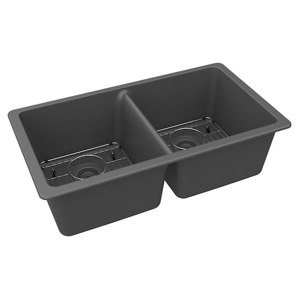 Elkay Quartz Classic 33 in. Undermount Double Bowl Graphite Granite/Quartz Composite Kitchen Sink Kit w/ Accessories