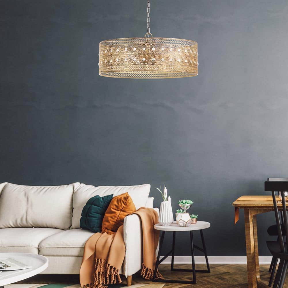 Elegant Brass and Crystal Drum Chandelier, 26" Glam Pendant Light