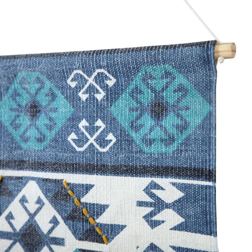 Blue and White Cotton Aztec Fringe Wall Hanging, 25.5"