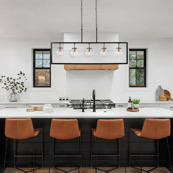5-Light Black and Brass Linear Chandelier with Clear Glass Shades