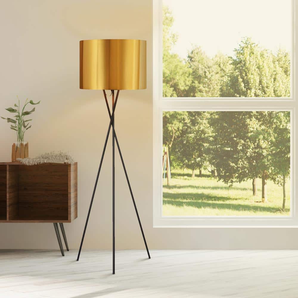 Elegant Outdoor Black Tripod Floor Lamp with Gold Shade