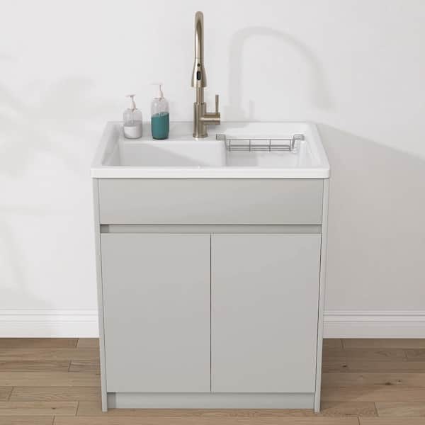 30 in. W x 22 in. D Solid Surface Drop-In Laundry/Utility Sink with Hot & Cold Water Faucet and Light Grey Cabinet