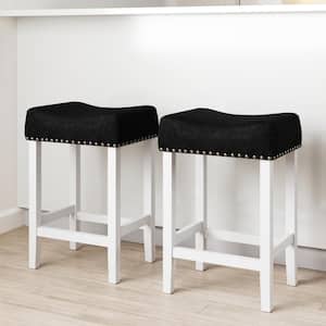 Hylie 24 in. Dark Gray Faux Leather Nailhead Saddle Cushion White Wood Counter Height Bar Stool, Set of 2
