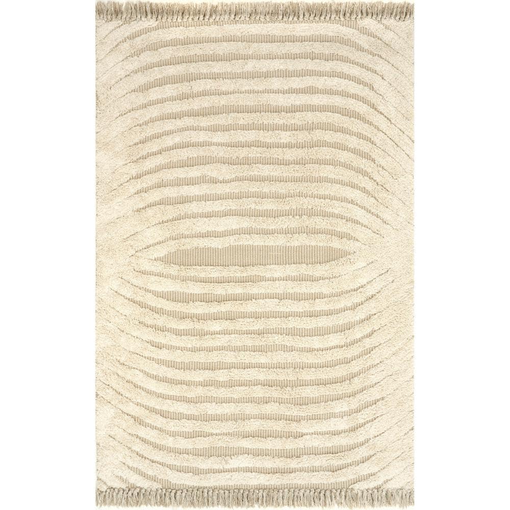 Ivory Hand-Tufted Wool and Cotton Shag Area Rug, 10' x 14'