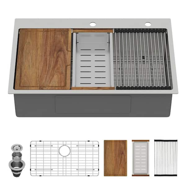33 in. Drop-in Single Bowl 16-Gauge Stainless Steel Brushed Workstation Kitchen Sink with with Bottom Grid.
