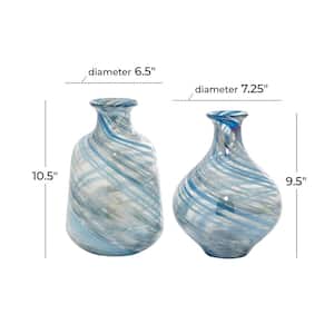 7 in., 10 in. Blue Handmade Blown Glass Decorative Vase (Set of 2)