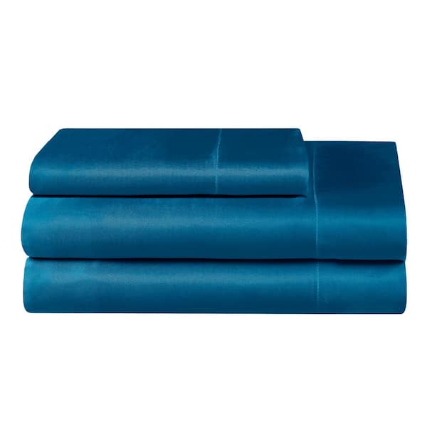 JUICY COUTURE Silky Satin 3-Piece Blue Solid Color Microfiber Twin XL Deep Pocket Sheet Set