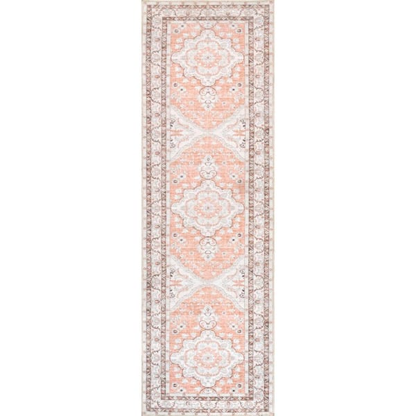 nuLOOM Tracie Machine Washable Floral Medallion Area Rug Peach 2' 6" ft. x 10' ft. Runner Rug