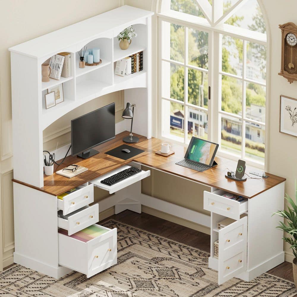 68.9 in. L-Shaped White Wood 4-Drawer Computer Desk with Keyboard Tray & Charging Stations,Arched Hutch,File Drawers price history on PriceWatchPro