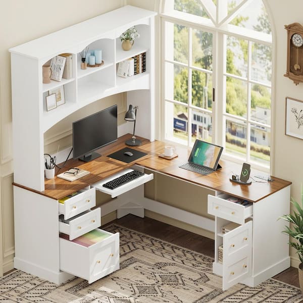 Polibi 68.9 in. L-Shaped White Wood 4-Drawer Computer Desk with