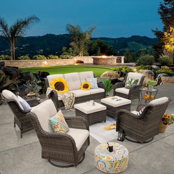 MeetLeisure 8-Piece Patio Conversation Sofa Set Furniture Sectional Seating Set with Beige Cushion & Glass Desktop