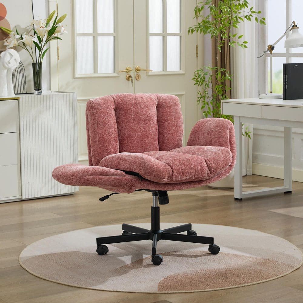 Chenille Fabric Upholstered Swivel Height Adjustable Task Chair in Blush Pink with Convertible Armrests