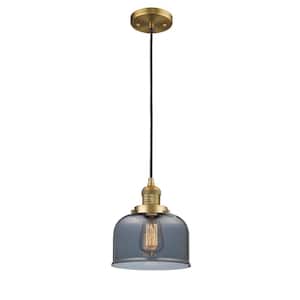 Bell 1-Light Brushed Brass Bell Pendant Light with Plated Smoke Glass Shade