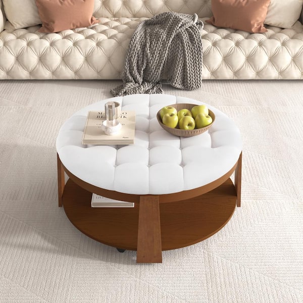 Noble House Ossa 36 in. Ivory Plus Walnut Modern Upholstered Waterproof Linen Round Ottoman Wood Coffee Table with Castors