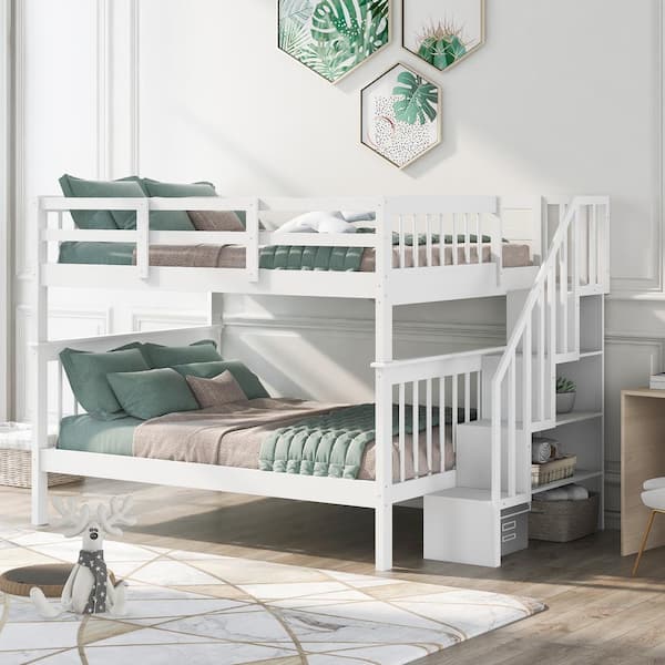Harper & Bright Designs White Full Over Full Wooden Bunk Bed with Storage Stairway