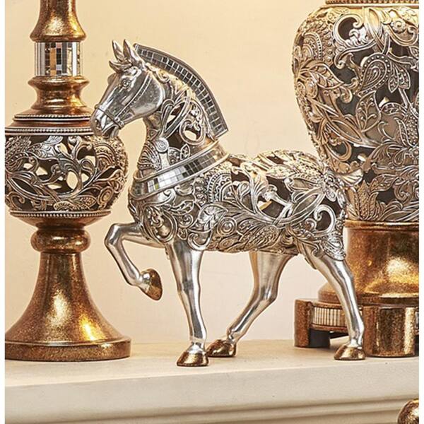 HomeRoots Victoria 11 in. Silver and Gold with Mirror Specialty Polyresin Trojan Horse Statue Sculpture
