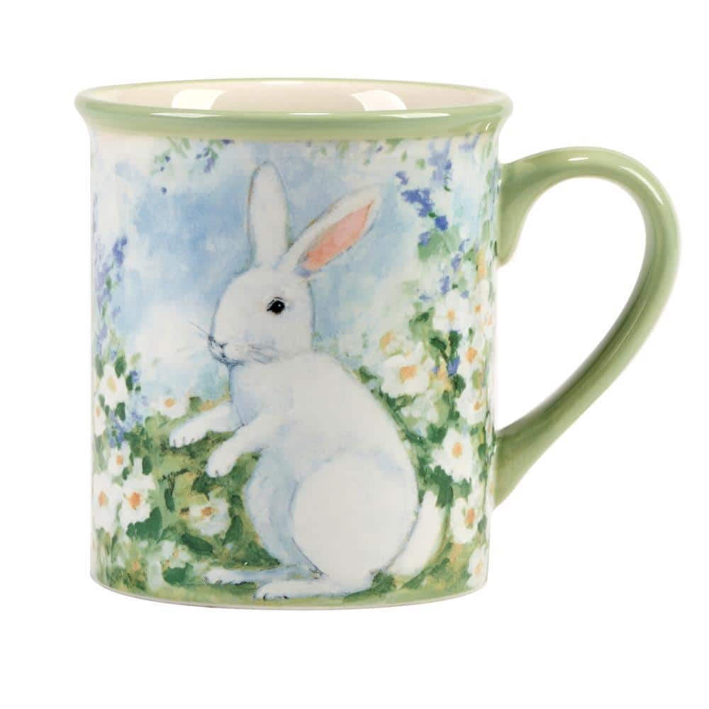 Springtime Bunny Blue Ceramic 18 oz Mugs, Set of 4