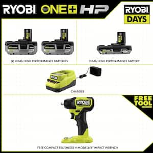 ONE+ 18V HIGH PERFORMANCE Kit w/ (2) 4.0 Ah Batteries, 2.0 Ah Battery, Charger, & FREE ONE+ HP Brushless Impact Wrench