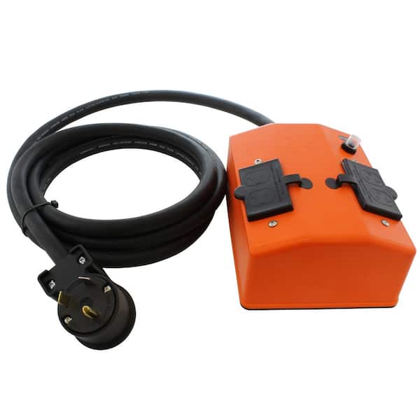 AC WORKS 10 ft. NEMA TT-30 RV 30 Amp Plug to PDU OUTLET BOX (GFCI and Breaker) with 4 Outlets