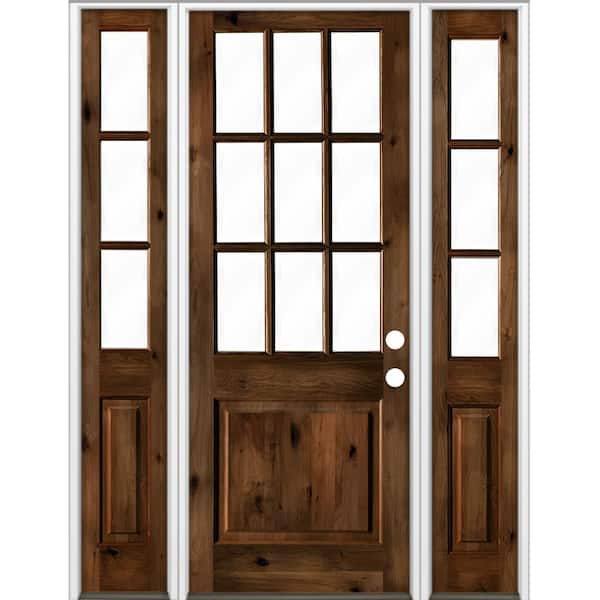64 in. x 96 in. Rustic Knotty Alder Provincial Stain Left-Hand 15-Lite Clear Wood Single Prehung Front Door/Sidelites