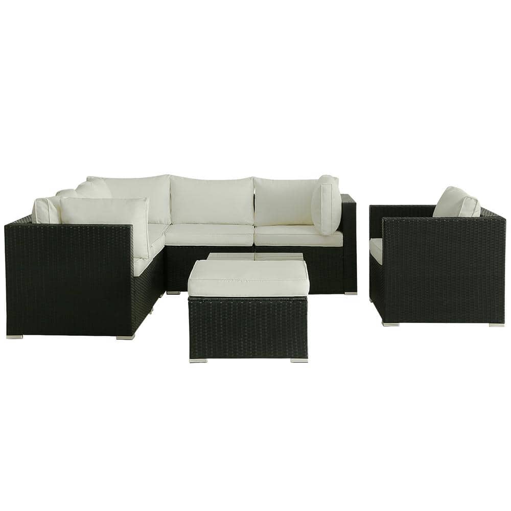 Black 8-Piece Patio Rattan Outdoor Sofa With Coffee Table and White Cushion