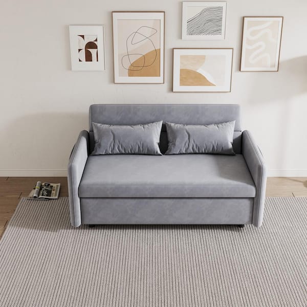 54 in. Gray Velvet Twin Size Sofa Bed with 2 Pillows