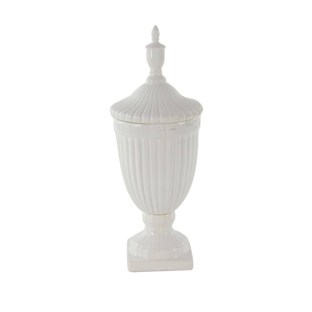 26" White Ceramic Tall Fluted Urn Vase with Lid