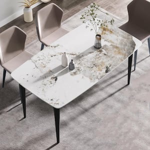 63 in. Round Edge Pandora Sintered Stone Dining Table with 4 Black Metal Legs