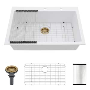 33.00 in. Drop-In Single Bowl White Quartz Kitchen Sink with Bottom Grid, Strainers Assembly, Drying Rack