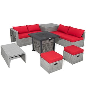 9-Piece Wicker Patio Conversation Set with 32 in. Propane Fire Pit Table and Red Cushions