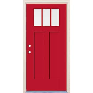 36 in. x 80 in. Right-Hand 3-Lite Clear Glass Ruby Red Painted Fiberglass Prehung Front Door with 6-9/16 in. Frame