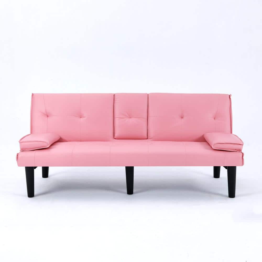 67 in. Pink PVC Multi-Functional Sofa Bed with Cup Holder, Foldable Sleeper for Living Room Guest Room
