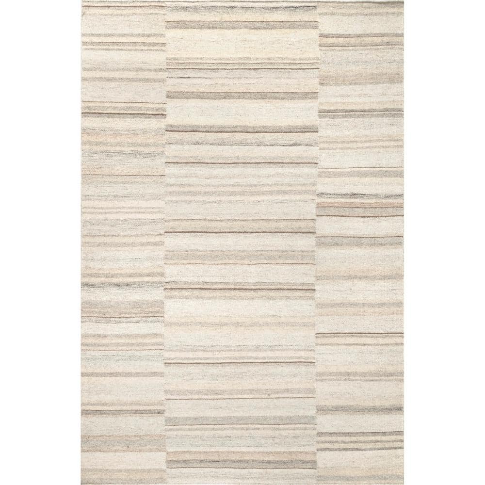 Beige and Gray Wool Stripe Handmade Rectangular Area Rug 6' x 9'